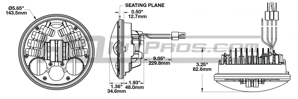 JW Speaker 8690 LED Headlight Motorcycle Dimensions