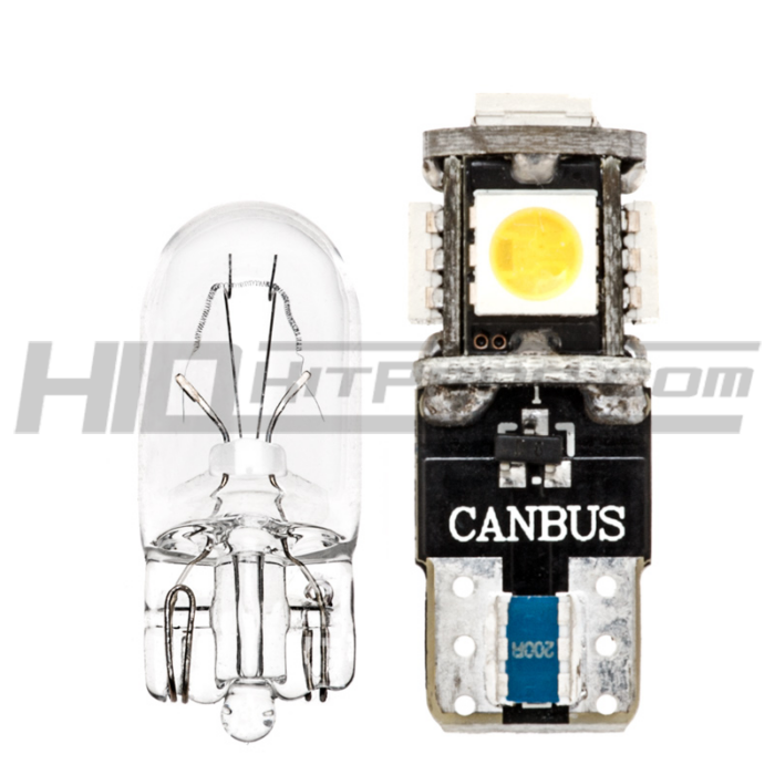 T10 194 CAN Bus LED Bulb 5 SMD LED CANBUS Wedge Base incandescent bulb size comparison